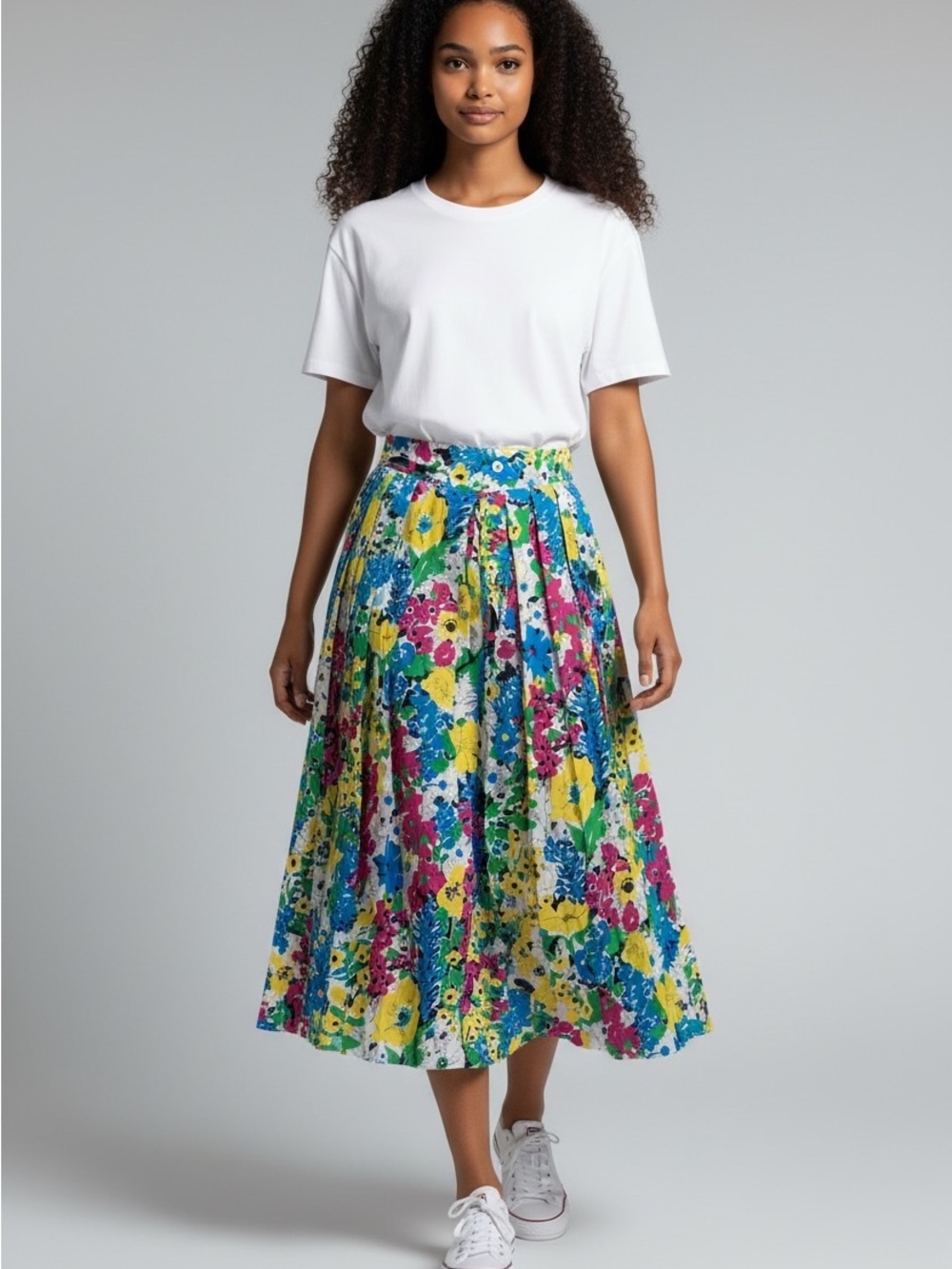 Vintage Pleated Floral Midi Skirt in Yellow, Blue, Pink & Green